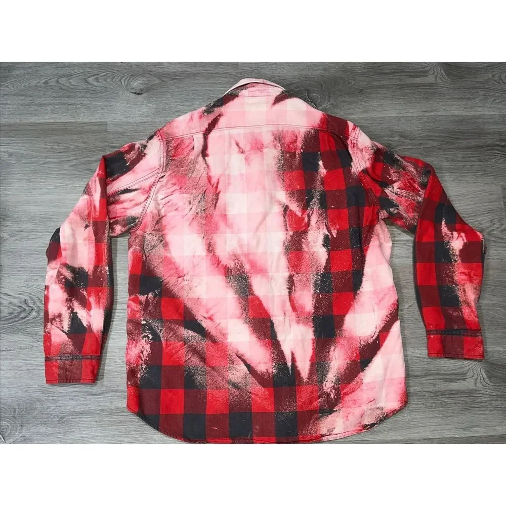 Franklin Flannels Shirts Size L Red Plaid Bleach Button Up Long Sleeve Upcycled - Picture 9 of 10
